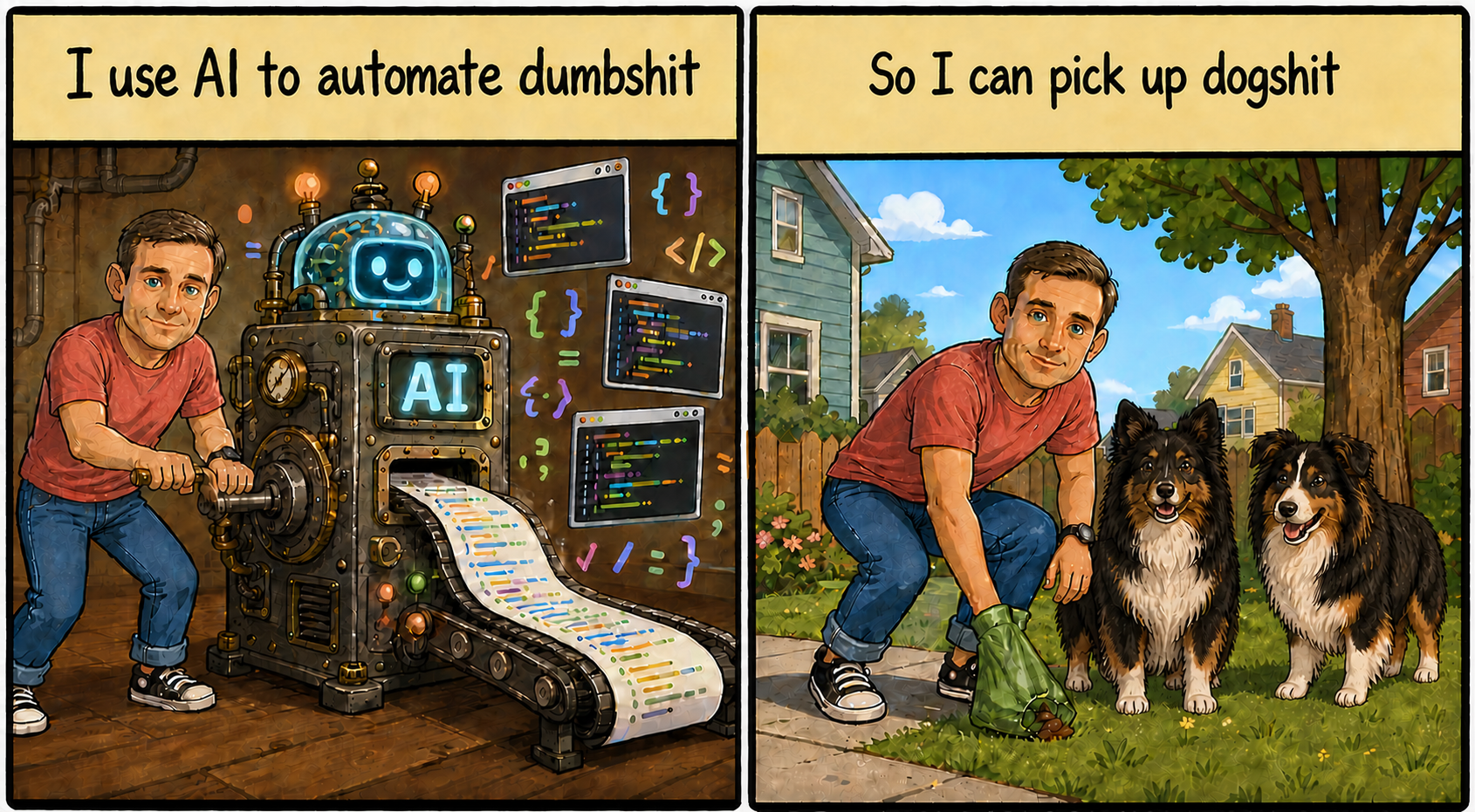 A two-panel cartoon. In the first panel, Jeremy turns a crank on an AI machine that produces code beneath the title 'I use AI to automate dumbshit.' In the second, he picks up after his two dogs beneath the title 'So I can pick up dogshit.'